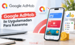 Google AdMob ile mobil uygulamalardan para kazanma yollarını temsil eden; akıllı telefon ekranında banner, geçiş ve ödüllü reklam formatlarını, yanında ise kazancı simgeleyen altın paraları gösteren kapak görseli.