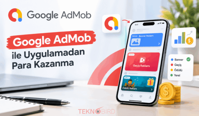 Google AdMob ile mobil uygulamalardan para kazanma yollarını temsil eden; akıllı telefon ekranında banner, geçiş ve ödüllü reklam formatlarını, yanında ise kazancı simgeleyen altın paraları gösteren kapak görseli.