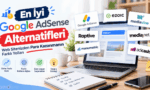 Dizüstü bilgisayar ekranından yayılan Ezoic, Mediavine, Media.net ve Adcash gibi en iyi Google AdSense alternatiflerinin logolarını içeren para kazanma rehberi görseli.