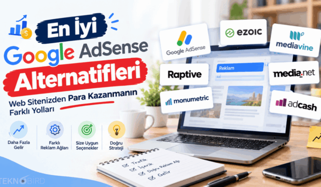 Dizüstü bilgisayar ekranından yayılan Ezoic, Mediavine, Media.net ve Adcash gibi en iyi Google AdSense alternatiflerinin logolarını içeren para kazanma rehberi görseli.