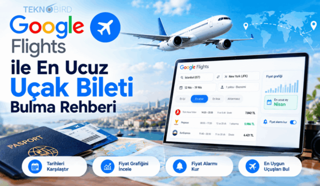 Google Flights ile en ucuz uçak bileti bulma rehberi kapağı; bilgisayar ekranında uçuş araması, pasaport ve uçak