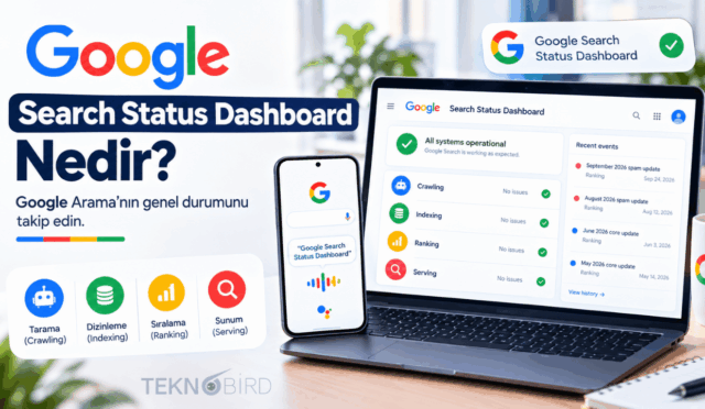 Google Arama sistemlerindeki tarama, dizinleme ve sıralama durumlarını gösteren Search Status Dashboard paneli ve güncel SEO güncellemeleri ekranı.