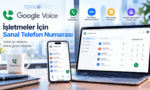 İşletmeler için Google Voice sanal telefon numarası, arama yönlendirme ve spam filtreleme özelliklerini gösteren dizüstü bilgisayar ve akıllı telefon.