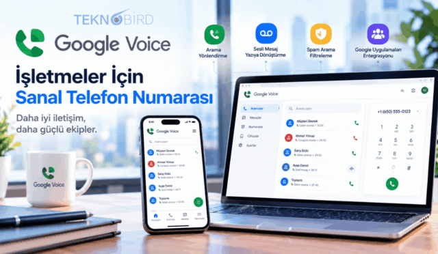 İşletmeler için Google Voice sanal telefon numarası, arama yönlendirme ve spam filtreleme özelliklerini gösteren dizüstü bilgisayar ve akıllı telefon.