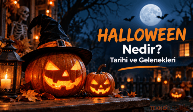 Üzerinde siyah bir cadı şapkası bulunan ışıklı oyulmuş bal kabağı, dolunay, yarasalar, iskelet ve arka planda karanlık bir ev ile "Halloween Nedir? Tarihi ve Gelenekleri" yazan Teknobird görseli.