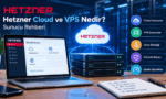 Bir çalışma masasında Hetzner Cloud Console arayüzünü gösteren dizüstü bilgisayar, üst üste duran rack sunucular ve üzerinde Hetzner yazan parlayan bulut simgesiyle birlikte "Cloud Sunucular", "VPS Sunucular", "Linux Desteği", "Güvenli Altyapı", "Esnek Kaynaklar" özelliklerini gösteren Teknobird görseli.