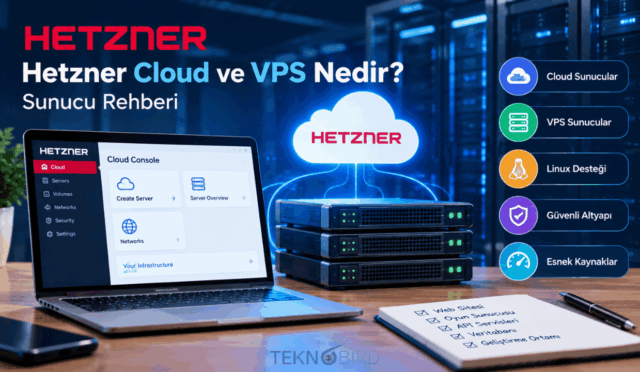Bir çalışma masasında Hetzner Cloud Console arayüzünü gösteren dizüstü bilgisayar, üst üste duran rack sunucular ve üzerinde Hetzner yazan parlayan bulut simgesiyle birlikte "Cloud Sunucular", "VPS Sunucular", "Linux Desteği", "Güvenli Altyapı", "Esnek Kaynaklar" özelliklerini gösteren Teknobird görseli.