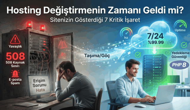 Eski, yavaş ve 508 hatası veren sorunlu bir sunucudan; hızlı, güvenli, %99.99 uptime ve PHP 8 destekli modern bir hosting altyapısına geçiş (göç) sürecini anlatan karşılaştırmalı görsel.