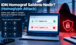 IDN homograf saldırısı nedir, Latin ve Kiril alfabelerindeki benzer karakterler kullanılarak (a, o, 0) oluşturulan sahte alan adlarını gösteren siber güvenlik konsepti.