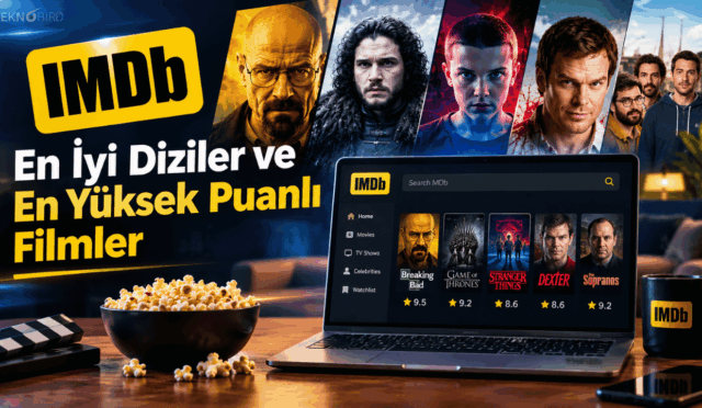 IMDb'nin en iyi dizileri ve en yüksek puanlı filmlerini gösteren kapak görseli; Breaking Bad, Game of Thrones, Stranger Things, Dexter ve The Sopranos gibi popüler yapımlar