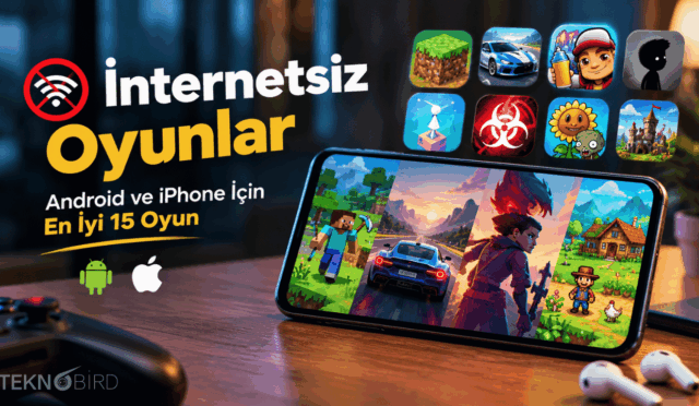 Akıllı telefon ekranında yarış, hayatta kalma ve açık dünya oyunlarını; arka planda ise Minecraft, Subway Surfers, Limbo, Monument Valley, Plague Inc. ve Plants vs. Zombies oyunlarının ikonlarını ve "İnternetsiz Oyunlar Android ve iPhone İçin En İyi 15 Oyun" yazısını gösteren Teknobird görseli.