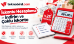 Kırmızı hesap makinesinde yüzde 25 indirim uygulanarak bulunan 684 TL net fiyatı ve ardışık iskonto formüllerini gösteren hesaplama görseli.