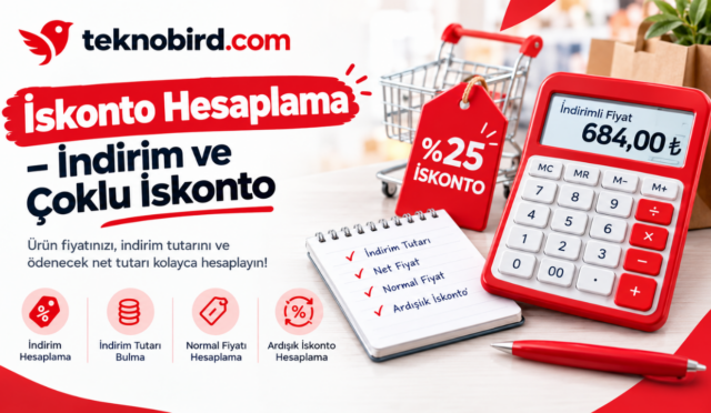 Kırmızı hesap makinesinde yüzde 25 indirim uygulanarak bulunan 684 TL net fiyatı ve ardışık iskonto formüllerini gösteren hesaplama görseli.