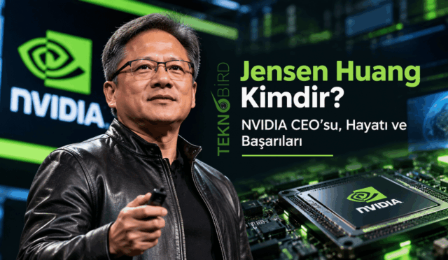 NVIDIA CEO'su Jensen Huang'ın sahnede sunum yaparken çekilmiş fotoğrafı, arkasında büyük NVIDIA logosu, ön planda üzerinde NVIDIA logosu olan bir mikroçip ve sağda "Jensen Huang Kimdir? NVIDIA CEO'su, Hayatı ve Başarıları" başlığı ile Teknobird logosunun yer aldığı tanıtım görseli.