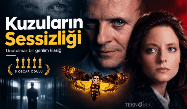 Kuzuların Sessizliği filminden Anthony Hopkins ve Jodie Foster'ın portreleri ile filmin simgesi kurukafalı kelebeğin yer aldığı 5 Oscar ödüllü afiş tasarımı.