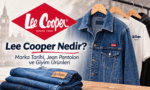 Lee Cooper marka tarihi ve giyim ürünleri rehberi kapak görseli; katlanmış jean pantolonlar, askıda kot ceket ve Londra silüeti