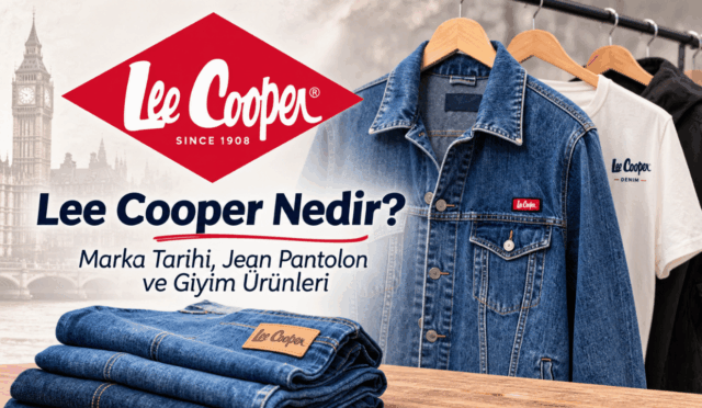 Lee Cooper marka tarihi ve giyim ürünleri rehberi kapak görseli; katlanmış jean pantolonlar, askıda kot ceket ve Londra silüeti