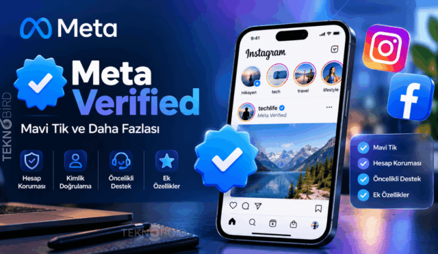 Meta Verified nedir, Instagram ve Facebook için mavi tik, kimlik doğrulama, hesap koruması ve öncelikli destek özelliklerini gösteren akıllı telefon tasarımı.