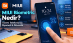 Xiaomi akıllı telefonlarda ekrandan parmak izi okuma işlemini ve MIUI Biometric güvenlik özelliklerini gösteren tasarım.