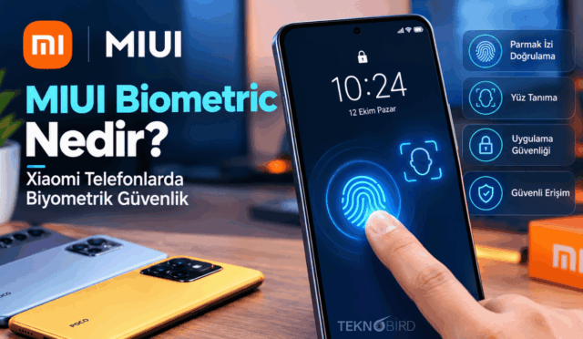 Xiaomi akıllı telefonlarda ekrandan parmak izi okuma işlemini ve MIUI Biometric güvenlik özelliklerini gösteren tasarım.