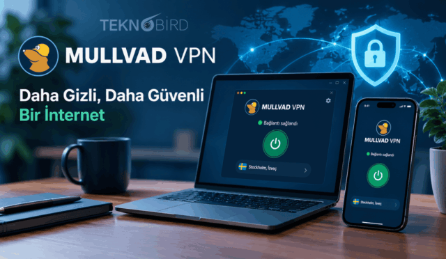 Çalışma masası üzerinde duran dizüstü bilgisayar ve akıllı telefonda açık olan Mullvad VPN arayüzünü, arka planda dünya haritası üzerinde parlayan bir güvenlik kalkanını ve "Daha Gizli, Daha Güvenli Bir İnternet" sloganını gösteren Teknobird görseli.
