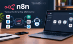 Dizüstü bilgisayar ekranında n8n arayüzünü ve Gmail, Slack, Notion, OpenAI, Telegram gibi popüler uygulamaları birbirine bağlayan yapay zeka destekli iş akışı otomasyonunu gösteren tanıtım görseli.