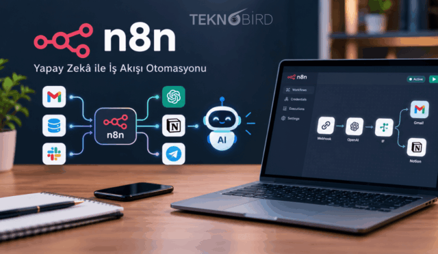 Dizüstü bilgisayar ekranında n8n arayüzünü ve Gmail, Slack, Notion, OpenAI, Telegram gibi popüler uygulamaları birbirine bağlayan yapay zeka destekli iş akışı otomasyonunu gösteren tanıtım görseli.