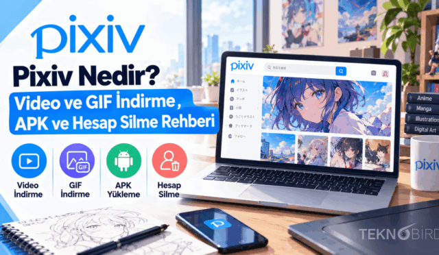 Bir çalışma masasında dizüstü bilgisayar ekranında açık Pixiv web sitesini, bir akıllı telefonu ve çizim tabletini gösteren; görselin sol tarafında "Pixiv Nedir? Video ve GIF İndirme, APK ve Hesap Silme Rehberi" yazan Teknobird tanıtım görseli.