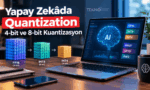 Çalışma masası üzerinde açık dizüstü bilgisayarda yapay zekâ beyni simgesini, FP16, INT8 ve INT4 veri küçültme bloklarını gösteren "Yapays Zekâda Quantization" başlıklı Teknobird görseli.