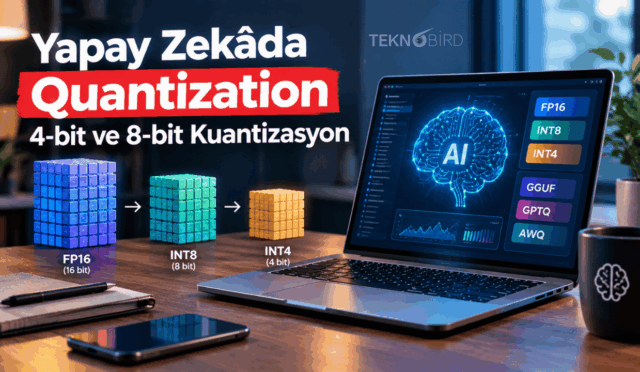 Çalışma masası üzerinde açık dizüstü bilgisayarda yapay zekâ beyni simgesini, FP16, INT8 ve INT4 veri küçültme bloklarını gösteren "Yapays Zekâda Quantization" başlıklı Teknobird görseli.