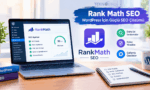 Bir çalışma masasında dizüstü bilgisayar ekranında açık olan Rank Math eklentisinin arayüzünü, 90/100 SEO puanını ve programın daha iyi sıralamalar, kolay yönetim, gelişmiş özellikler sunduğunu gösteren Teknobird tanıtım görseli.