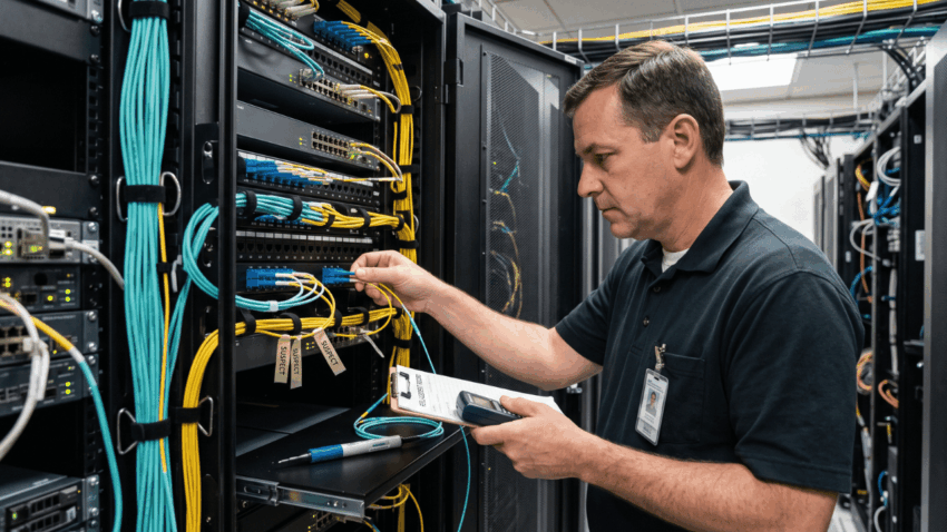 Replacing a fiber optic patch cord without creating a harder rack fault