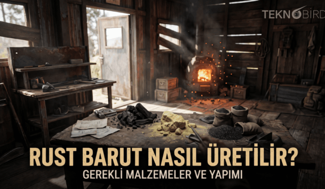 Rust oyununda barut yapımını simgeleyen, ahşap bir kulübe içinde çalışma masası üzerinde kömür, sülfür tozu ve barut keseleri ile arka planda yanan fırının yer aldığı "Rust Barut Nasıl Üretilir?" başlıklı Teknobird rehber görseli.