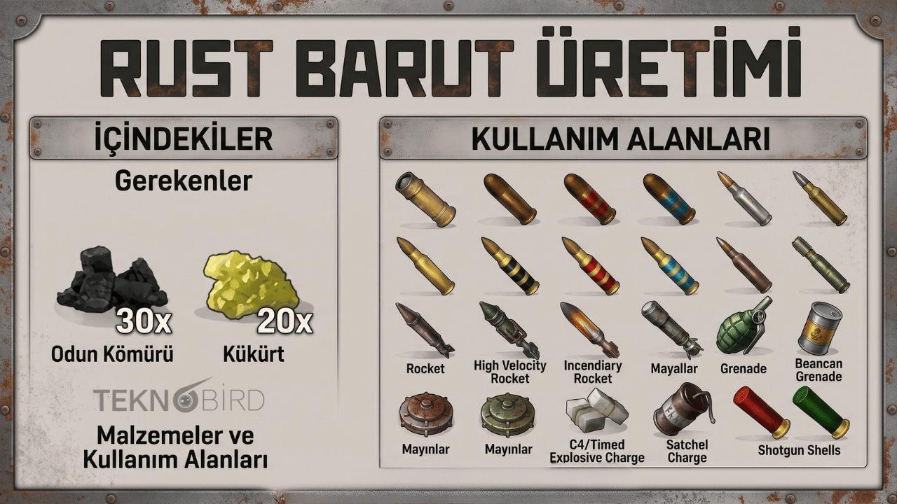 Rust oyununda barut üretimi rehberini gösteren Türkçe infografik. Sol tarafta "İçindekiler" başlığı altında 30x Odun Kömürü ve 20x Kükürt görseli; sağ tarafta "Kullanım Alanları" başlığı altında mermiler, roketler, el bombaları, C4, Satchel ve mayınlar gibi patlayıcı ve mühimmat ikonları yer alıyor. Üstte paslı, endüstriyel tasarımlı "Rust Barut Üretimi" başlığı bulunuyor.