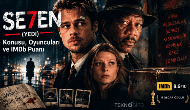 Brad Pitt, Morgan Freeman ve Gwyneth Paltrow'un yer aldığı, IMDb puanı ve yedi ölümcül günahın listelendiği Se7en (Yedi) filmi inceleme görseli.
