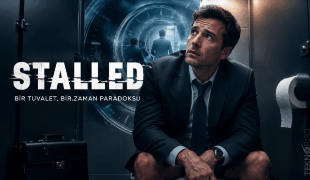 Stalled kısa filminin kapağı, tuvalette zaman paradoksuna sıkışmış takım elbiseli bir adam ve arkasında zaman döngüsünü simgeleyen portal.