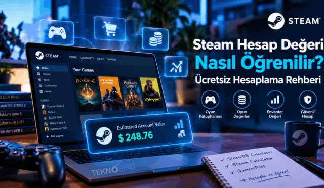 Dizüstü bilgisayar ekranında Steam kütüphanesini, oyunları ve 248.76 dolar tahmini hesap değerini gösteren, "Steam Hesap Değeri Nasıl Öğrenilir?" başlıklı Teknobird rehber görseli.