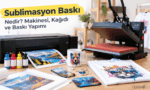Sublimasyon yazıcısı, renkli mürekkepler, ısı pres makinesi ve tişört, kupa, telefon kılıfı gibi örnek baskı ürünleri.