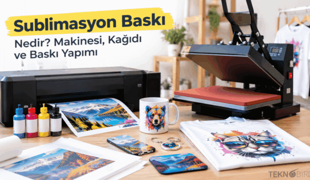 Sublimasyon yazıcısı, renkli mürekkepler, ısı pres makinesi ve tişört, kupa, telefon kılıfı gibi örnek baskı ürünleri.