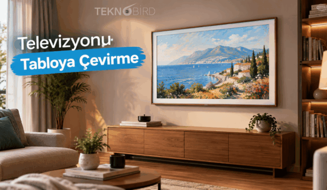 Duvarda asılı duran ve ekranda manzara resmi göstererek tablo gibi görünen akıllı televizyon.