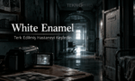 White Enamel terk edilmiş hastane keşif oyunu; karanlık psikiyatri bölümü koridoru, tekerlekli sandalye ve kayıt yapan video kamera görseli