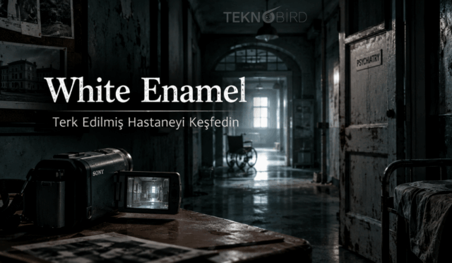 White Enamel terk edilmiş hastane keşif oyunu; karanlık psikiyatri bölümü koridoru, tekerlekli sandalye ve kayıt yapan video kamera görseli