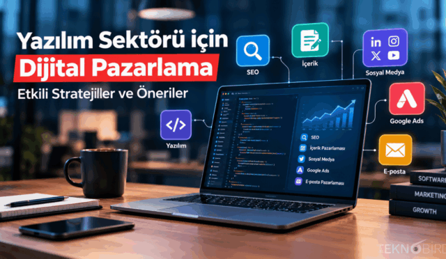 Çalışma masası üzerindeki dizüstü bilgisayarda açık olan yazılım kodlarını ve pazarlama listesini, etrafında ise SEO, içerik, sosyal medya, Google Ads ve e-posta pazarlama simgelerini gösteren "Yazılım Sektörü İçin Dijital Pazarlama" başlıklı Teknobird görseli.